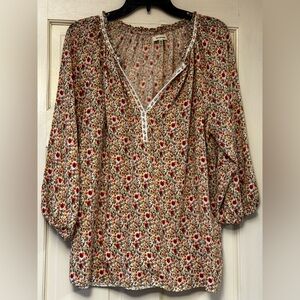 Max Studio Floral Blouse with Red and Cream Accents
